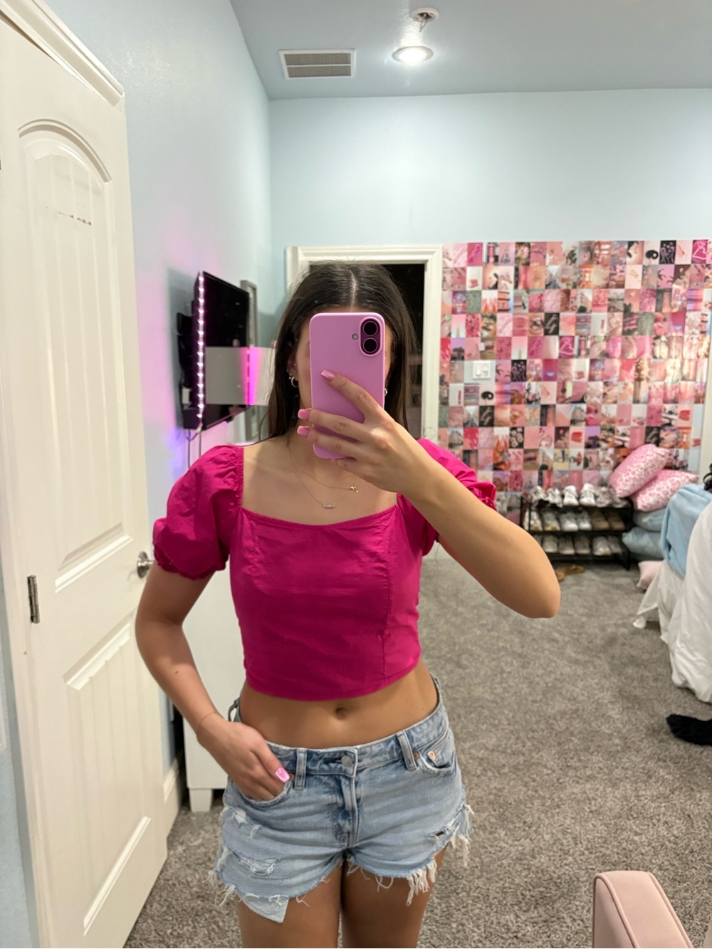 Love Notes Fuchsia Square-Neck Puff Sleeve Crop Top